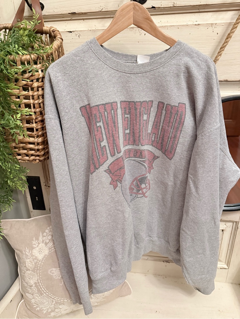 Port and Company Gray New England Crewneck Sweatshirt with Red Graphic